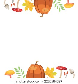 Autumn frame with the image of pumpkins, leaves and mushrooms. Vector illustration in cartoon style