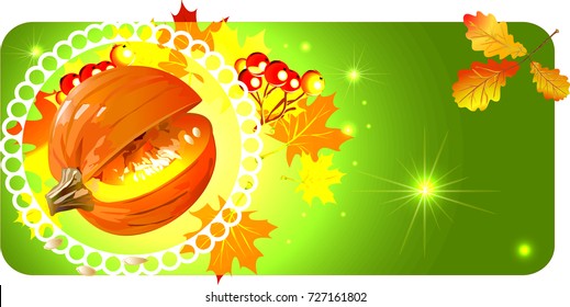 Autumn frame for labels, stickers for the packaging of goods for shops.Rowan and autumn leaves.Autumn.Pumpkin. Autumn background with frame for postcard, poster, business card.