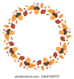 Autumn frame with leaves and acorns. Greeting card, invitation. Thanksgiving Day. Harvest Festival. Decorative round frame.