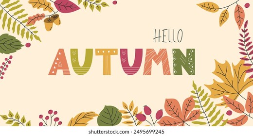 Autumn frame with leaves, branches berries. Fall season foliage background. Abstract yellow leaf set. Thanksgiving, harvest illustration. Template for Banner, poster, flyer, card. Vector illustration