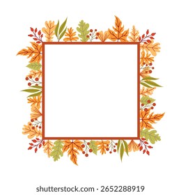 Autumn frame with leaves, branches and berries. Fall background.