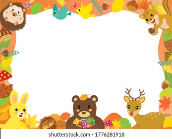 Autumn frame of leaves and cute animals in the forest