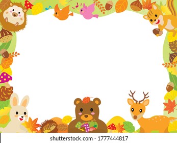 Autumn frame of leaves and cute animals in the forest
