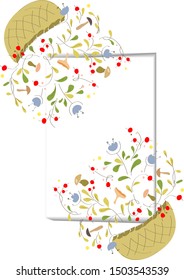 Autumn frame with leaves of different flowers and mshrooms. Sketch, doodles, design elements. Vector illustration. beautiful floral leaves wedding invitation card template in the basket