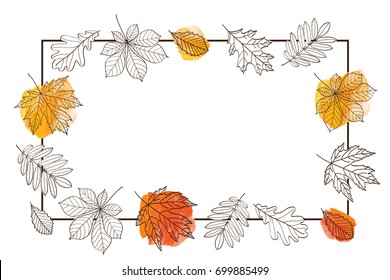 Autumn frame with leaves of different trees. Sketch, doodles, design elements. Vector illustration.