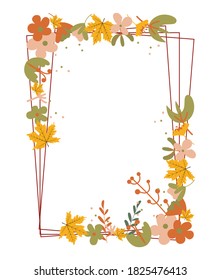 Herbstrahmen mit Herbstblättern und Blumenelementen in Herbstfarben.