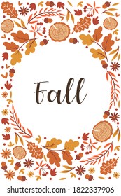 Autumn frame with leaves and flowers on a white background. Vector graphics.