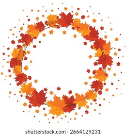 Autumn frame with leaves of maple isolated on white background. Round frame made of leaves.
