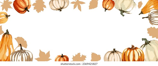 Autumn frame with leaves and orange, yellow and white pumpkins. Transparent background. Vector illustration.