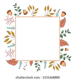 Autumn frame with leaves and plants. Vector color illustration. Greeting card design