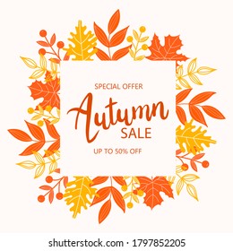Autumn frame with leaves. Round colorful frame with orange leaves