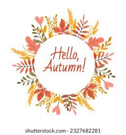 Autumn frame with leaves. Vector wreath of fall elements in flat style.