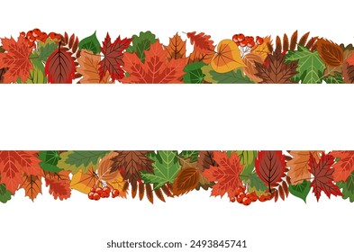 autumn frame, lots of bright fallen leaves and rowan berries framed with an empty center. seamless border of foliage, colorful vector illustration on an autumn theme