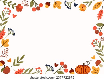 Autumn frame made of leaves, berries, mushrooms, flowers, acorns in vector. Flat style.