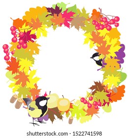 Autumn frame of maple leaves, autumn background, warm colors, fruits and birds, color illustration in vector