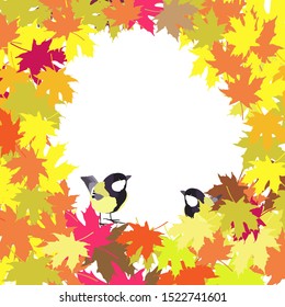 Autumn frame of maple leaves, autumn background, warm colors, fruits and birds, color illustration in vector