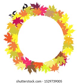 Autumn frame of maple leaves, autumn background, warm colors, fruits and birds, color illustration in vector