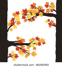 Autumn  Frame With Maple Leaves on Branches of Tree  Over White Background. Elegant Design with Text Space and Ideal Balanced Colors. Vector Illustration.