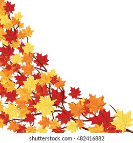 Autumn  Frame With Maple Leaves on Branches of Tree  Over White Background. Elegant Design with Text Space and Ideal Balanced Colors. Vector Illustration.