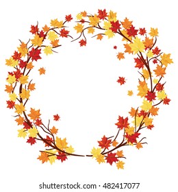 Autumn  Frame With Maple Leaves on Branches of Tree  Over White Background. Elegant Design with Text Space and Ideal Balanced Colors. Vector Illustration.
