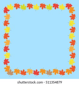 Autumn frame with maple leaves on blue background. Flat vector illustration.