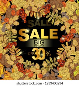 Autumn frame with autumn maple leaves and Rowan. Discounts from 30%. Big sale. Wreath, circular garland, greeting card, advertising poster, banner.