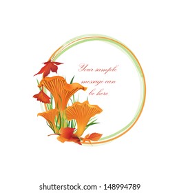 Autumn frame. Mushrooms Chanterelle mushroom vector background with copy space. Floral fall border isolated on white background. Food illustration. 