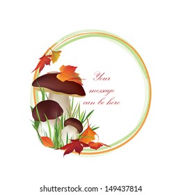 Autumn frame. Mushrooms vector background with copy space. Floral fall border isolated on white background.Food illustration. 