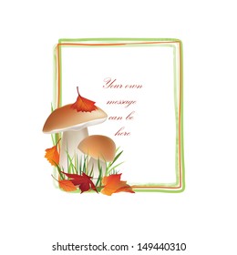 Autumn frame. Mushrooms vector background with copy space. Floral fall border isolated on white background.Food illustration. 