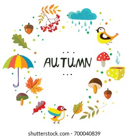 Autumn frame with the nature elements and weather, cute style, vector graphic illustration