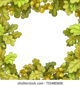 Autumn frame from oak branches with leaves and acorns isolated on white background