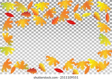 Herbstrahmen aus Eiche, Ahorn, Herbstlaub auf transparentem Hintergrund. Rot-orange-gelbe Blätter. Vektor.