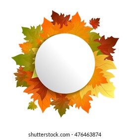 Autumn frame. Offer white poster vector background. Frame with colorful leaves.