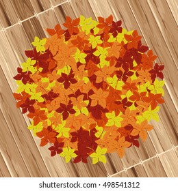 Autumn frame on wood background. Vector illustration. Floral vector pattern. Fashion Graphic Design. Beauty concept. Bright colors leaves. Template for prints, textile, wrapping and decoration.
