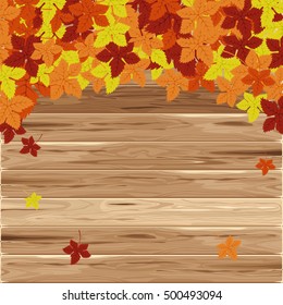 Autumn frame on wood background. Vector illustration. Floral vector pattern. Fashion Graphic Design. Beauty concept. Bright colors leaves. Template for prints, textile, wrapping and decoration.