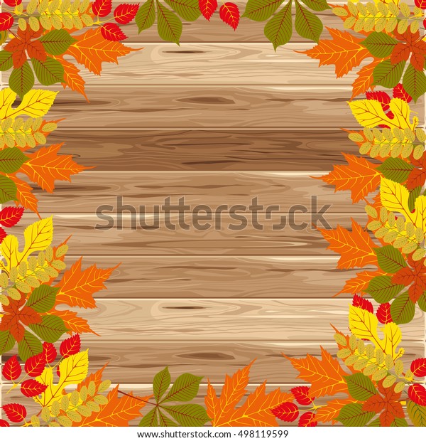Autumn frame on wood background. Vector\
illustration. Floral vector pattern. Fashion Graphic Design. Beauty\
concept. Bright colors leaves. Template for prints, textile,\
wrapping and\
decoration.