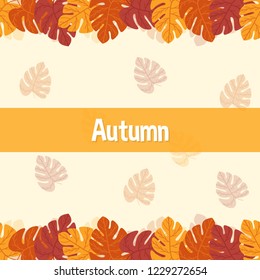 autumn frame pattern template. fall monstera palm leaves icons in flat style. yellow background. Design elements for wedding invitation, birthday, wallpaper, greeting cards. object vector illustration