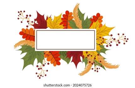 Autumn frame with a place for text and colorful leaves, maple and ash. Vector illustration for brochures and banners. Bright frame, autumn composition