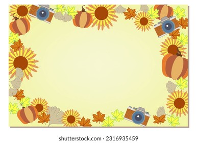 Autumn frame with pumpkin, sunflowers and camera. Frame for inserting a photo or text