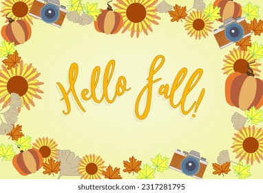 Autumn frame with pumpkin, sunflowers and camera. Frame. Hello fall
