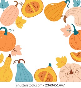 Autumn frame with pumpkin of various shapes
