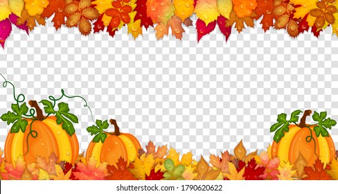 Autumn frame with pumpkins and colorful leaves isolated on transparent background. Vector illustration