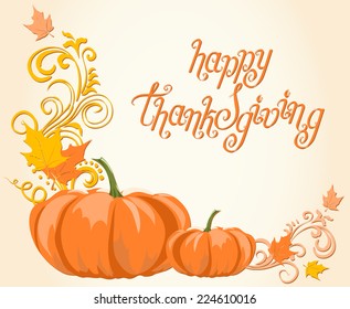 Autumn frame with pumpkins and leaves and "Happy Thanksgiving" words.