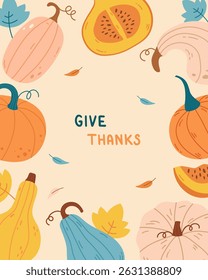 Autumn frame with pumpkins, leaves and lettering