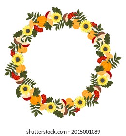 Autumn frame with pumpkins, sunflowers, mushrooms and leaves. Template for your design. Cartoon style. Vector illustration.
