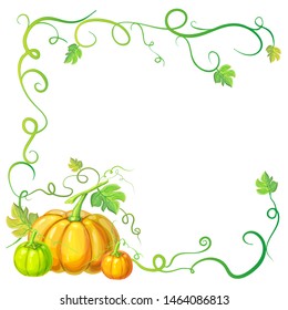 autumn frame with pumpkins and vines, leaves and place for text. Thanksgiving, halloween or corn festival card template, border or banner with pumpkins, leaves, curly tendrils. pumpkins composition