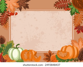 autumn frame, rectangular. a lot of bright fallen leaves, pumpkins and rowan berries framed with an empty center. colorful vector illustration on an autumn theme, card, greeting, invitation