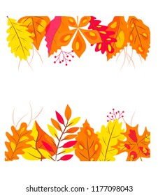 AUTUMN FRAME with red, orange, green and yellow falling autumn leaves. Colorful autumn leaves background. Vector illustration EPS 10
