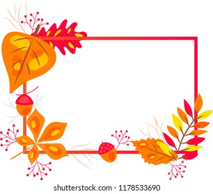 AUTUMN FRAME with red, orange, green and yellow falling autumn leaves. Colorful autumn leaves background. Vector illustration EPS 10
