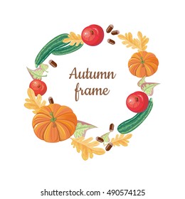 Autumn frame. Round frame from apples, oak and birch leaves, pumpkin, acorns, vegetable marrow. Fall fruits, vegetables, autumn food harvest, food agriculture, vegetarian. Add your text logo Vector